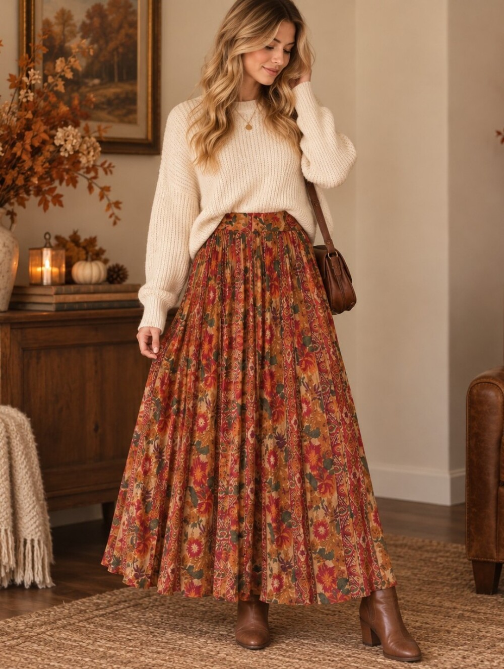 LD & Co. Floral Pleated Maxi Skirt Small Boho Fall 100% Rayon